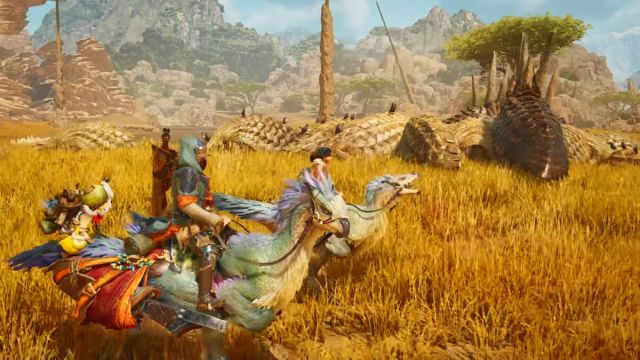 An image from Monster Hunter Wilds of two characters riding on their mounts.