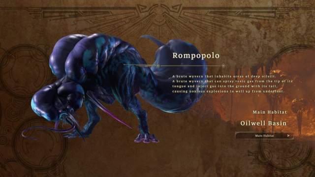 An image from Monster hunter Wilds of the rompopolo, a dark creature with two legs and a long body.