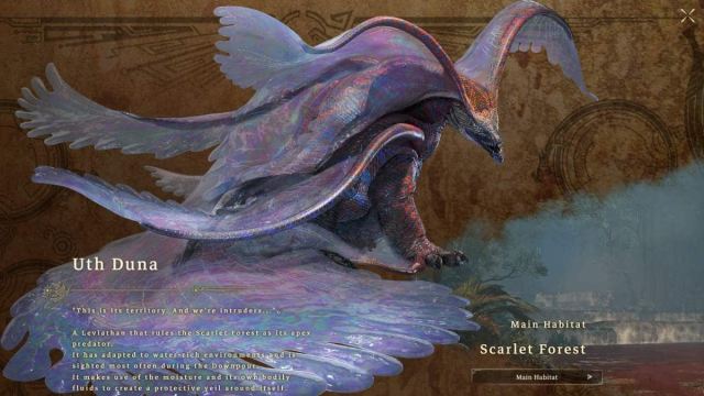 An image from Monster Hunter Wild of Uth Duna, a massive dragon wtih translucent wings.