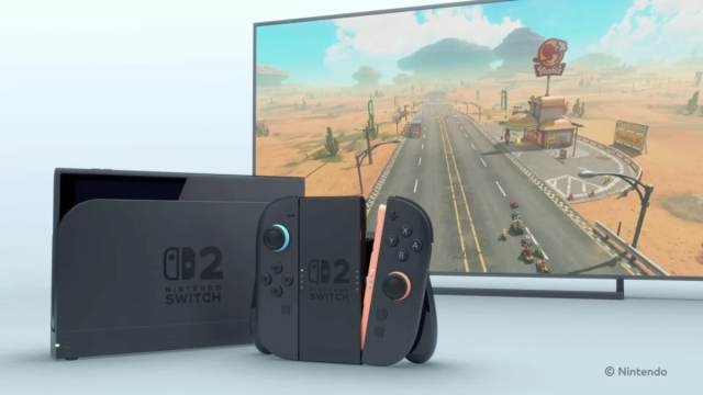 A still image of the Nintendo Switch 2 console alongside Mario Kart on a screen.