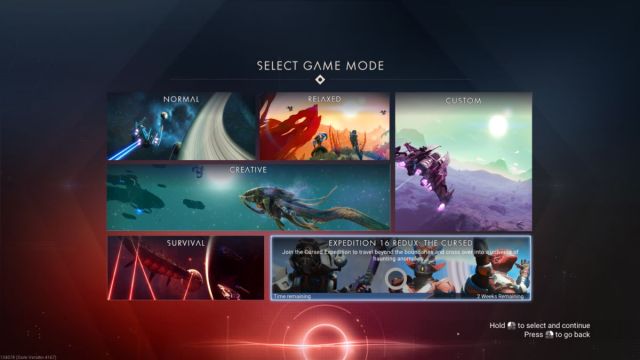 An image of the start screen of No Man's Sky, where you can select if you want to begin an Expedition.