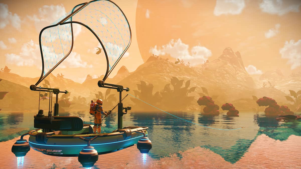 An image from No Man's Sky of the player fishing on an orange planet. This player is resting in a floating fishing dock.