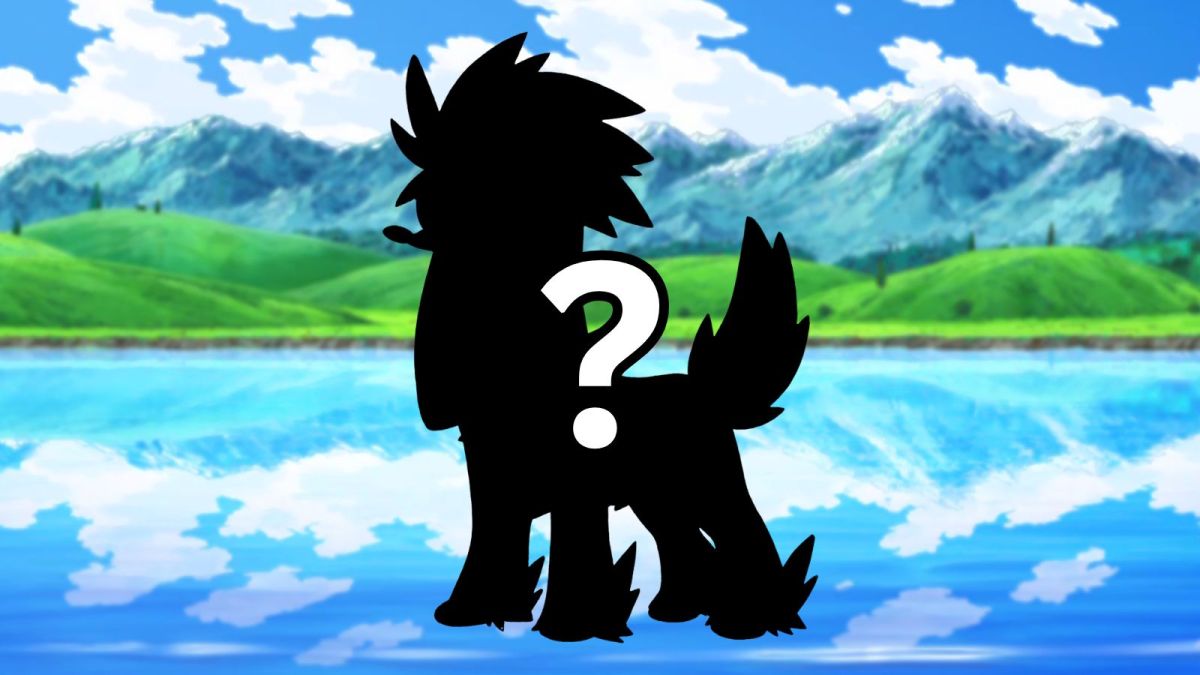 Furfrou Pokémon silhouette with a question mark and anime lake background.