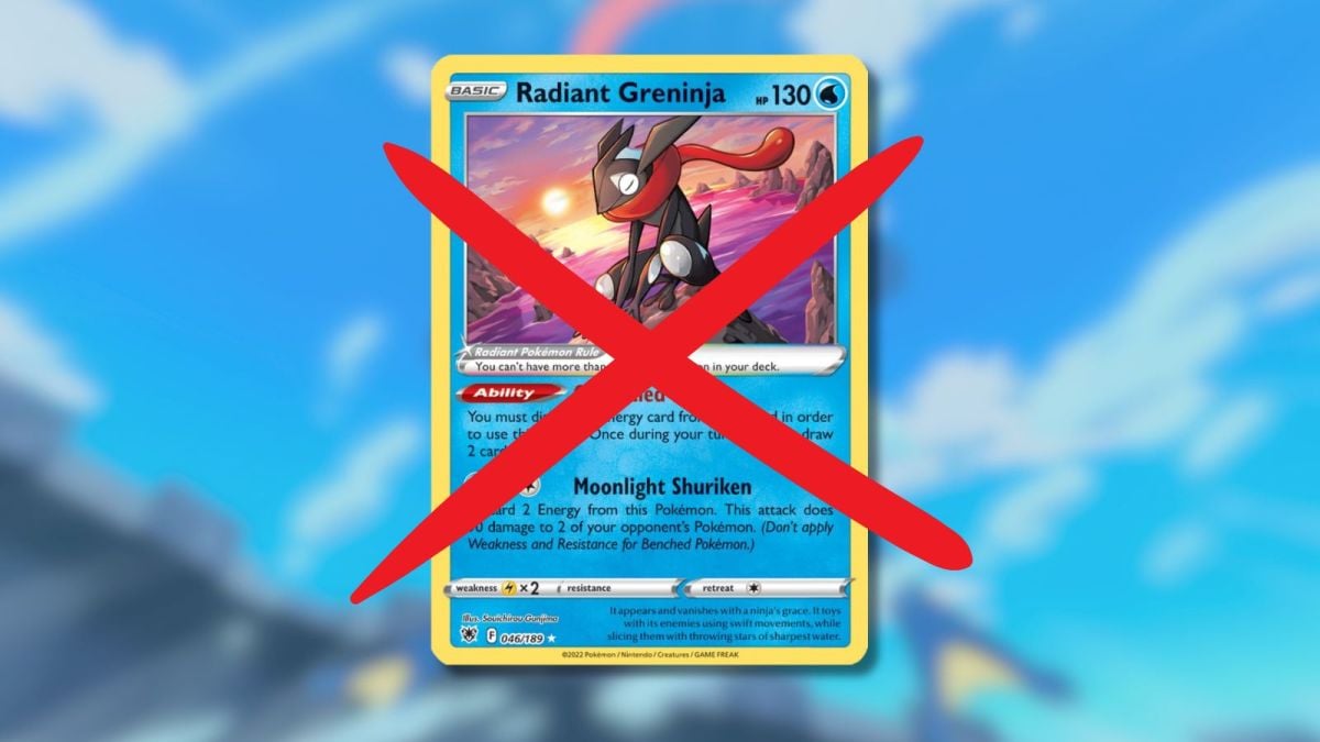 Radiant Greninja Pokémon TCG card with a cloud background and cross through it.