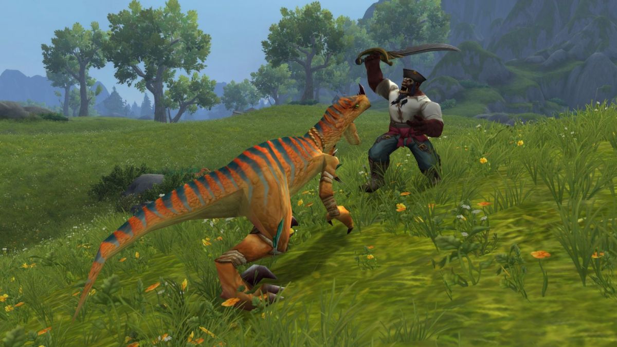 World of Warcraft orc player fighting a dinosaur in a field.