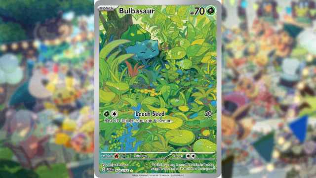 An image of a full artwork Bulbasaur card that features him sleeping peacefully in a forest.