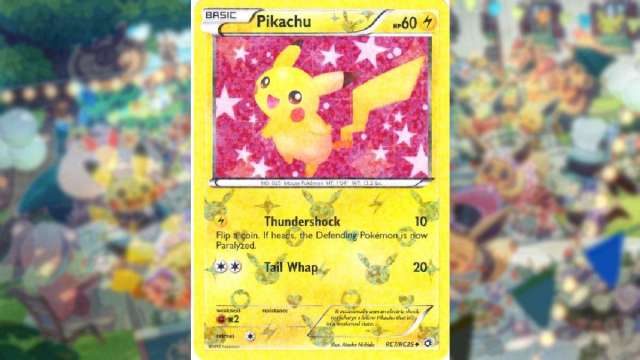 An image of a Pikachu trading card from Pokemon, posing with a cute pink background and sparkles.