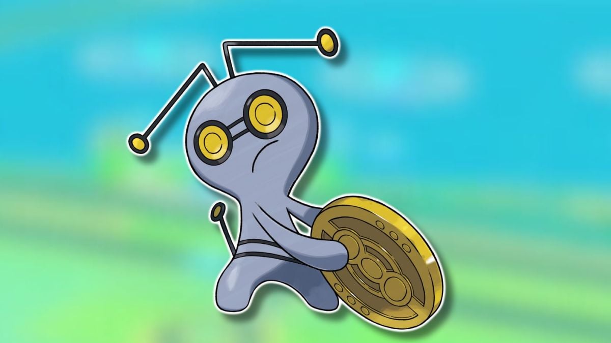 Gimmighoul Pokémon holding coin art with Pokémon Go background.