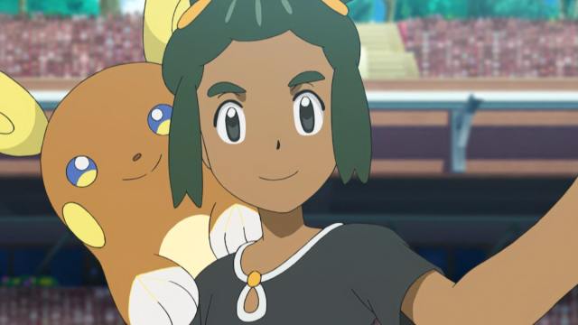 Hau and Alolan Raichu smiling.