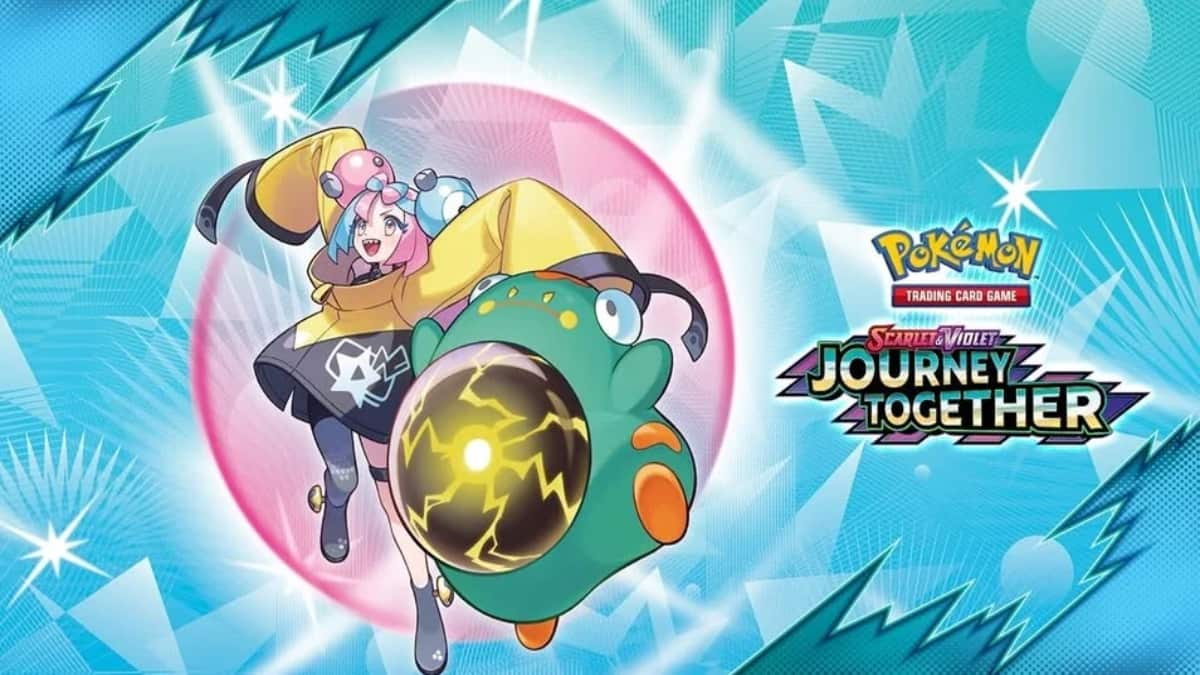 Promotional artwork for the Pokemon TCG Journey Together set featuring Iono and Bellibolt.