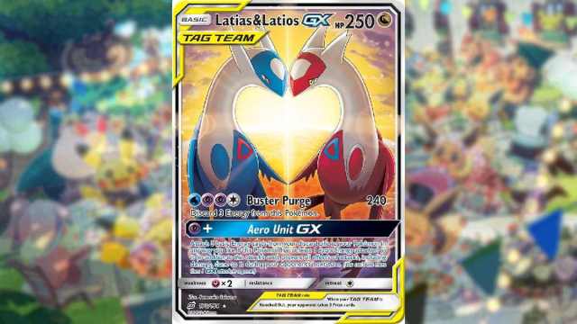 An image of a Pokemon trading card that features Latias and Latios in a lovers embrace.