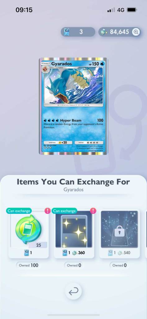 An exchange for Trade Tokens in Pokemon TCG Pocket using a holo Gyarados.