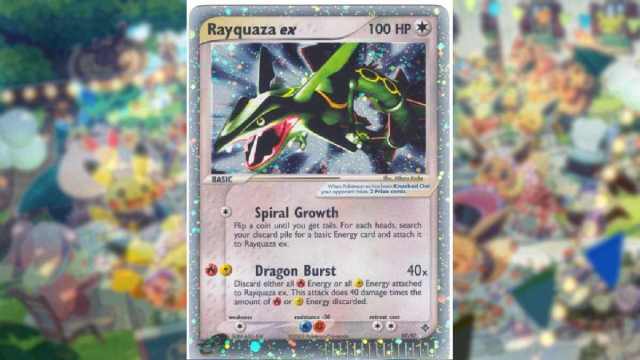 An image of the original Rayquaza pokemon trading card, which features the dragon flying and has holographic effects.