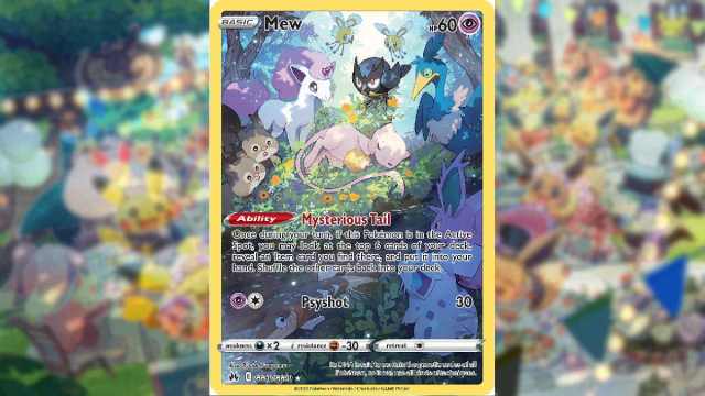 An image of a Pokemon Trading Card of a sleeping Mew surrounded by fellow Pokemon.