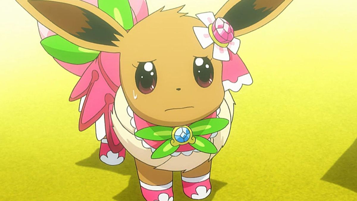 Worried Eevee Pokémon with bows and an outfit on in the anime.