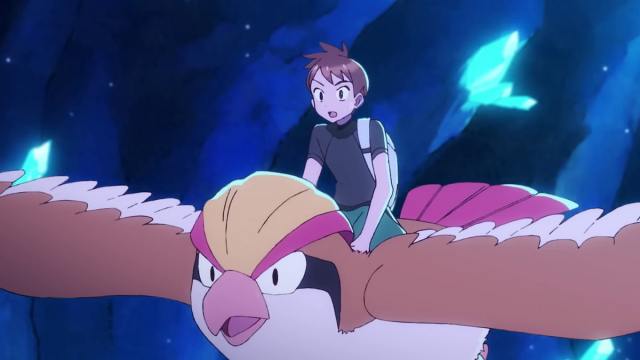 Trace riding on his Pidgeot.