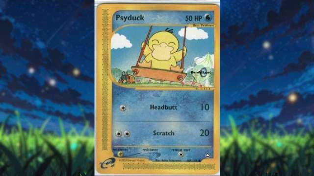 An image of a Psyduck Pokemon card that features the duck swinging.