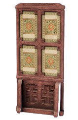 A wooden panel of a room divider. Lantern-like designs take up four slots on the top half. This is one of the four Room Dividers from Enshrouded.