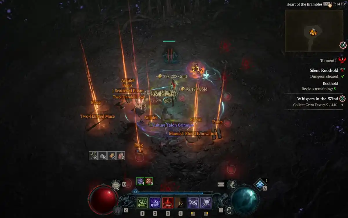 Diablo 4 Rootholds showcasing a variety of different rewards dropped on the ground while the main character is inside a cave