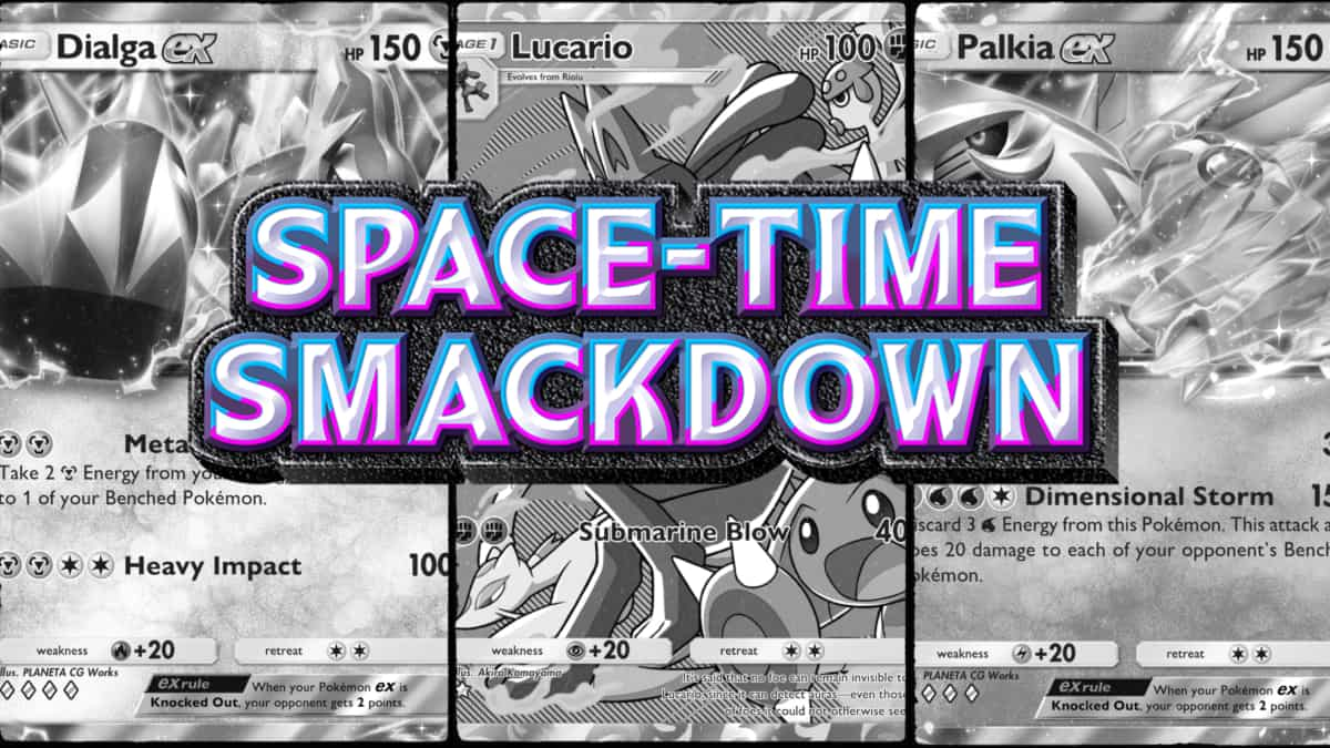 A blackout image of cards from Space-Time Smackdown beneath a logo