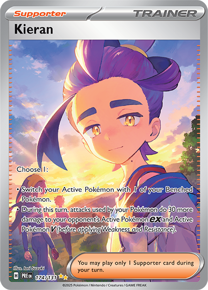 Kieran full art Supporter Pokémon card.