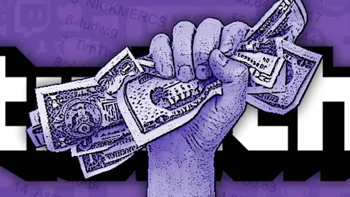 A fist clutching money is superimposed on top of the Twitch logo.