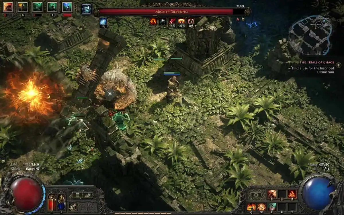 Mighty Silverfist mini boss surrounded by enemies in a forest with ruins around him