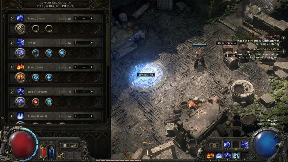 Sorceress class showcasing her skill gems in Path of Exile 2