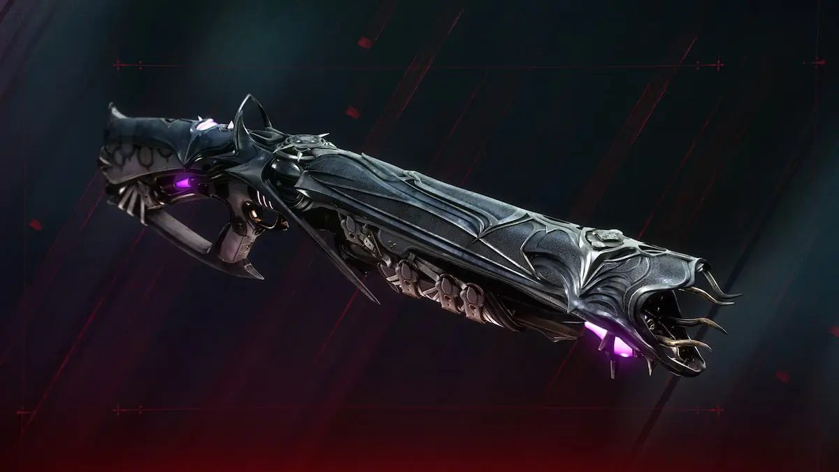 The Slayer's Fang shotgun in Destiny 2, with gothic overtones, appears behind a black-and-red background in promo art.