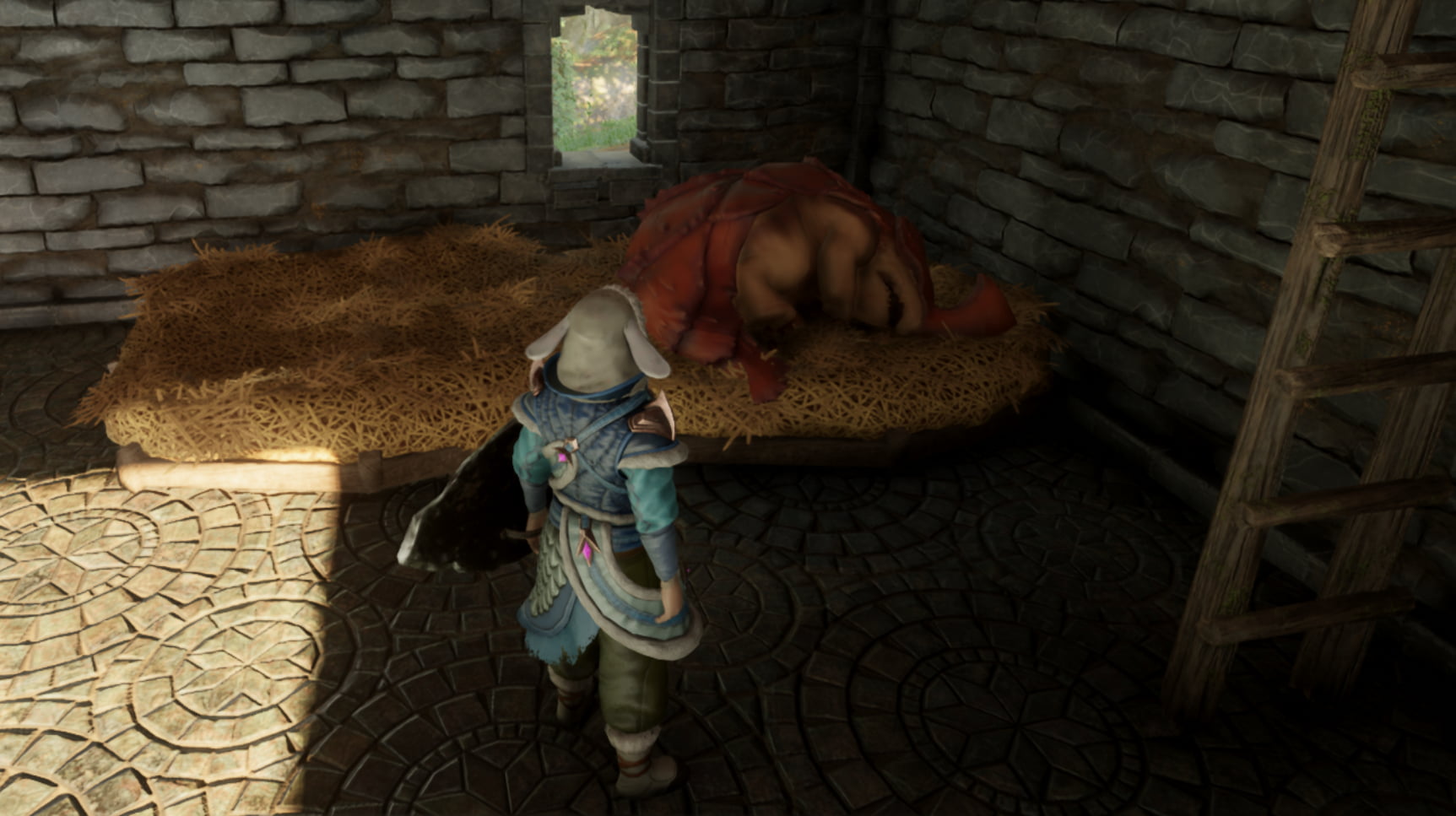 This screenshot from Enshrouded shows readers a Dune Armadillo sleeping on a Big Farm Animal Pillow.