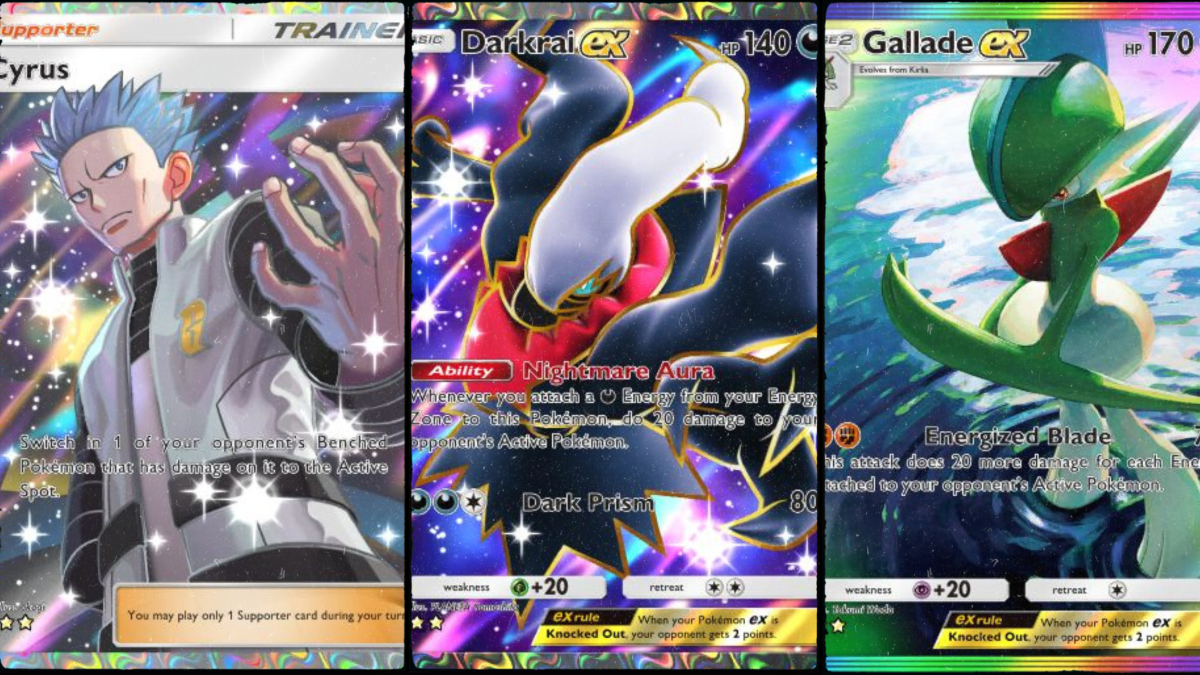 Cyrus, Darkrai ex, and Gallade ex from Space-Time Smackdown side-by-side.