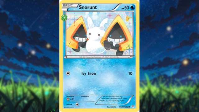 An image from a Pokemon Card of Snorunt building a snowman modeled after Pikachu.