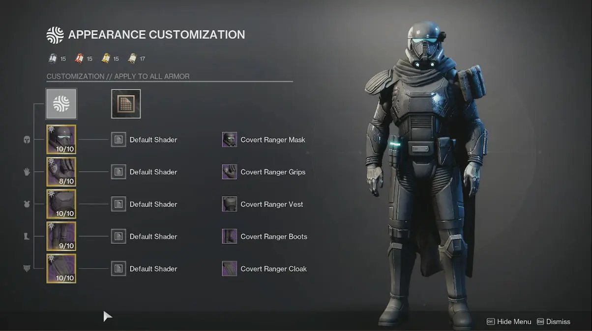 The Appearance Customization screen shows a Hunter using the Covert Ranger set as part of Destiny 2's collab with Star Wars.