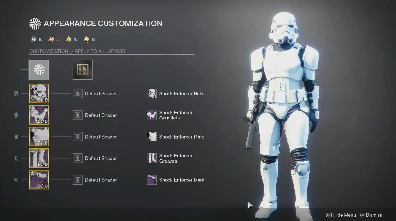 A Titan dressed as a Stormtrooper using outfits from the D2–Star Wars collab.