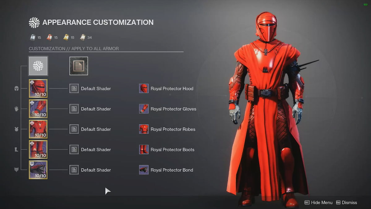 The Appearance Customization screen shows a Warlock using the Royal Protector set set as part of Destiny 2's collab with Star Wars. The armor is inspired by the Royal Guard.