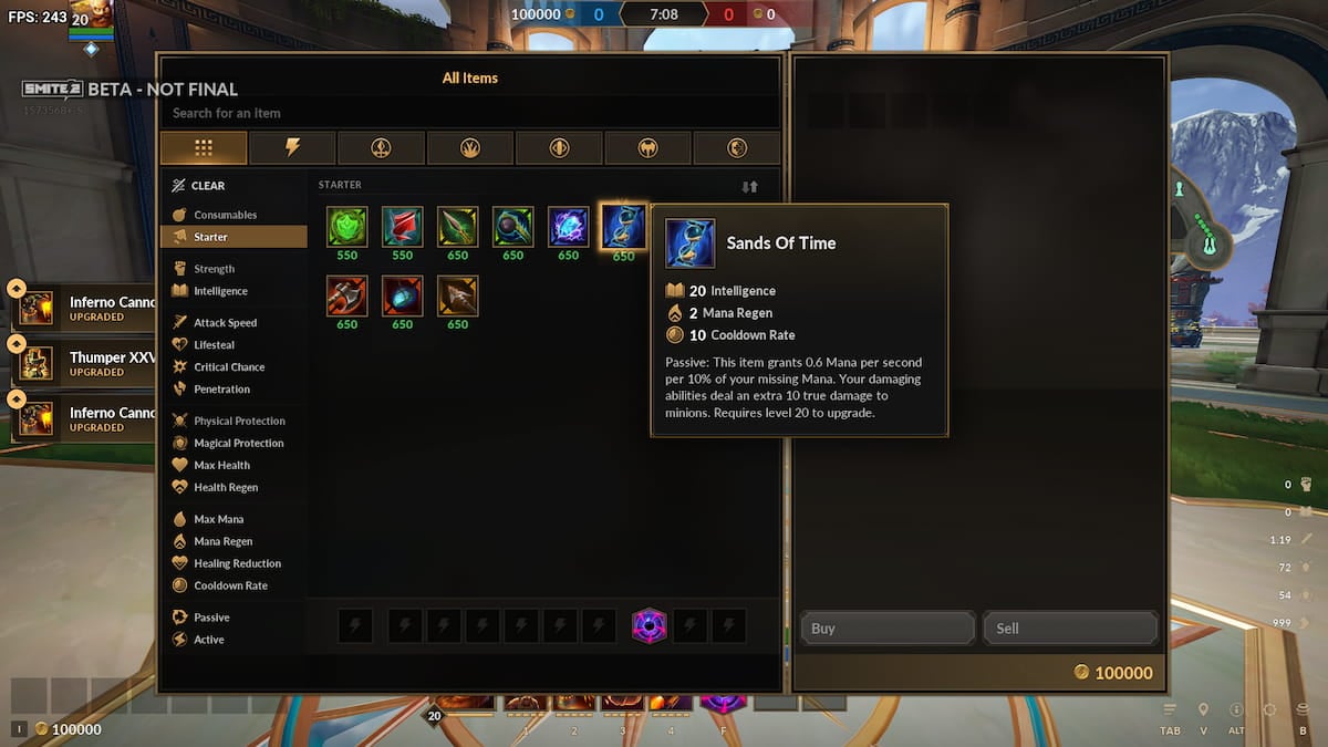 Starter item menu for Vulcan in SMITE 2.