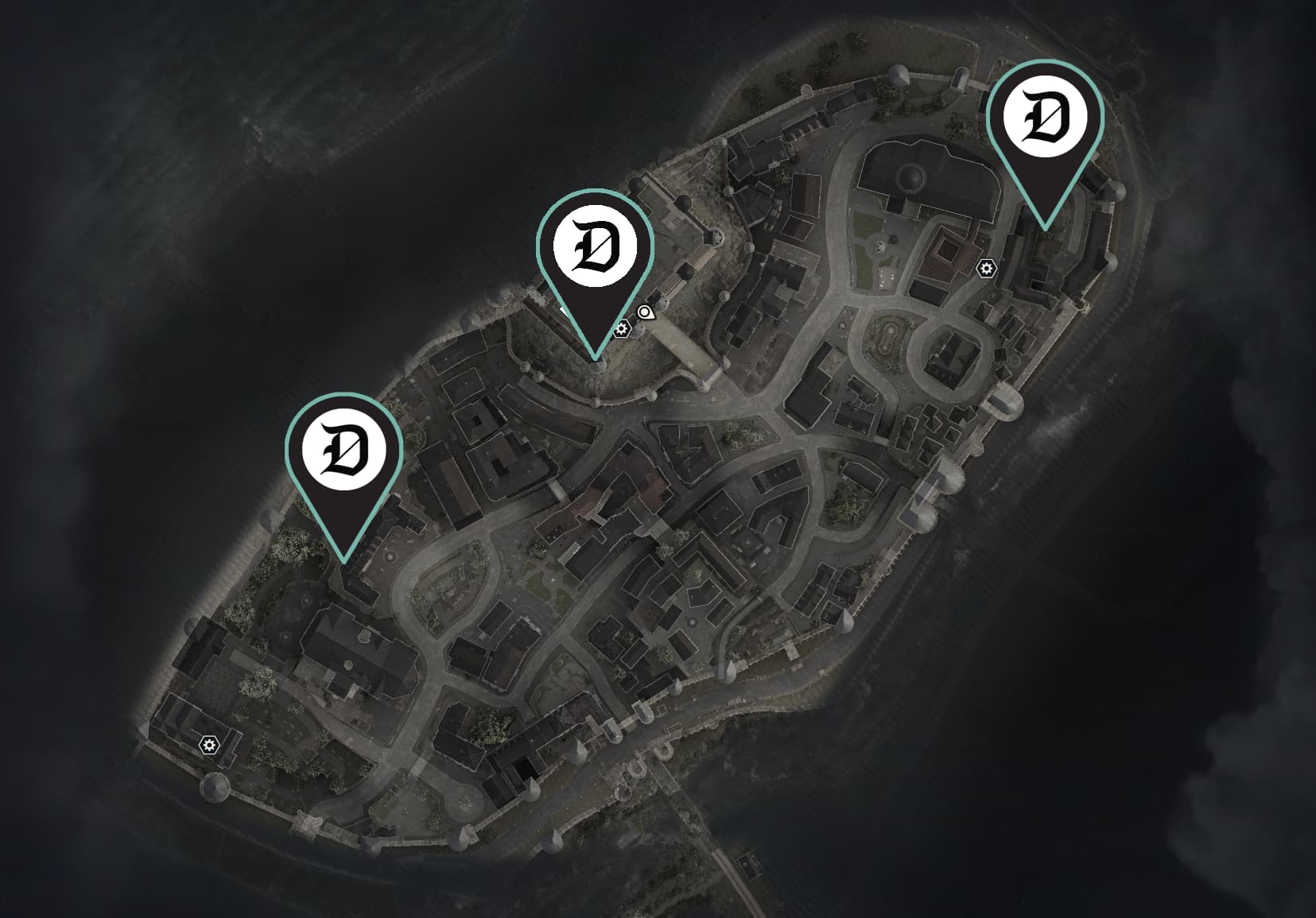 A map from Dead Drop mission of Sniper Elite Resistance showing the three locations of the Stone Eagle statues with map pins by Dot Esports.