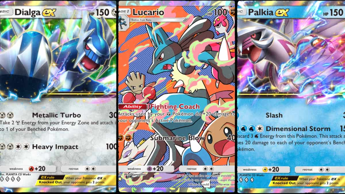 Dialga ex, Lucario, and Palkia ex from Space-Time Smackdown in Pokemon TCG Pocket