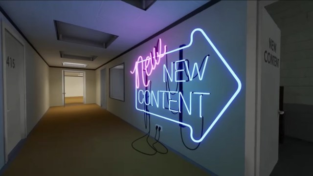 A corridor in The Stanley Parable with New Content door on the right and a giant neon sign saying New New Content on the wall