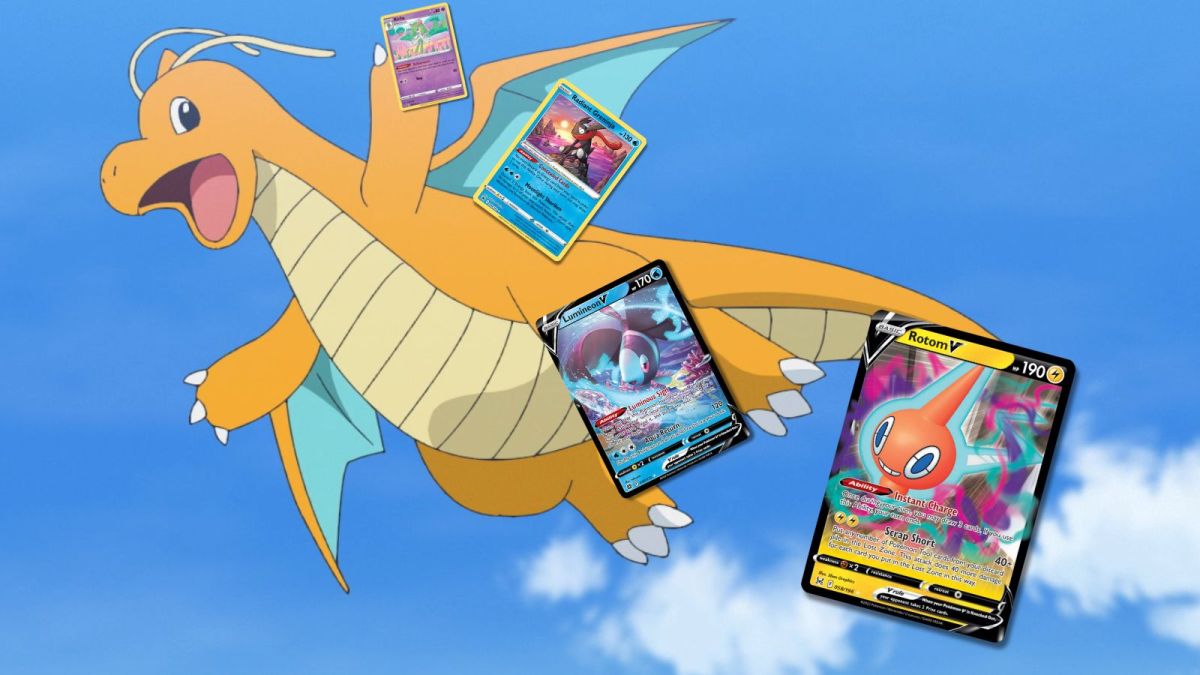 Dragonite Pokémon flying through the air and dropping colourful cards behind it.