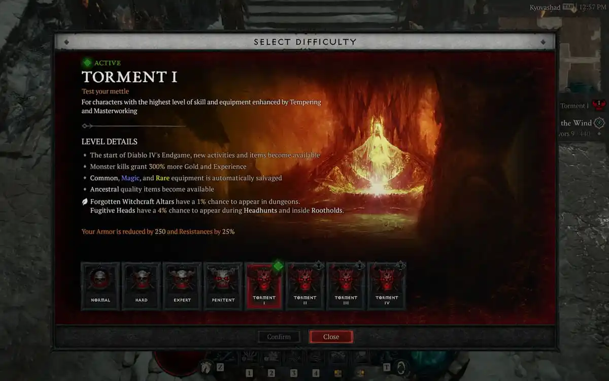 Diablo 4 difficulty changer showcasing the features of the Torment I difficulty level