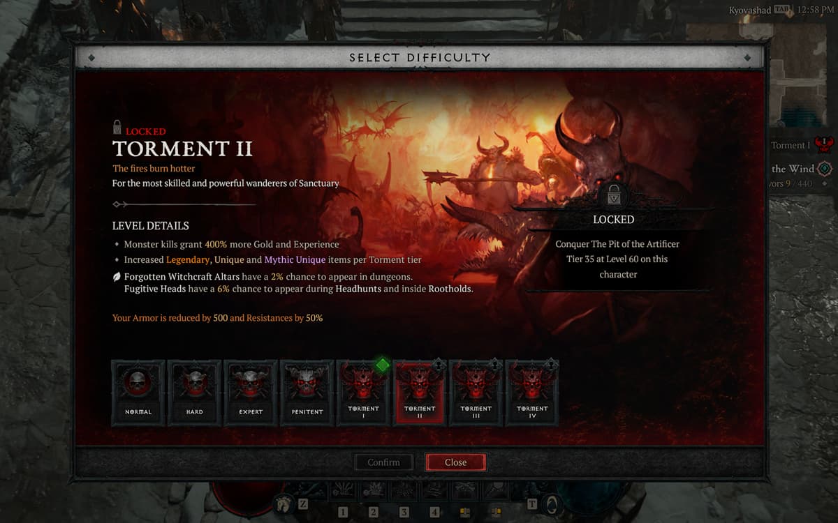 Diablo 4 difficulty changer showcasing the features of the Torment II difficulty level