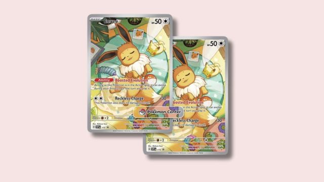 Eevee Pokémon cards on a pink background.