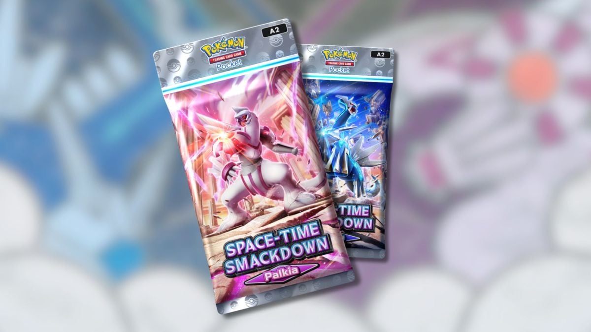 Pokémon TCG Pocket packs with Dialga and Palkia in the background.