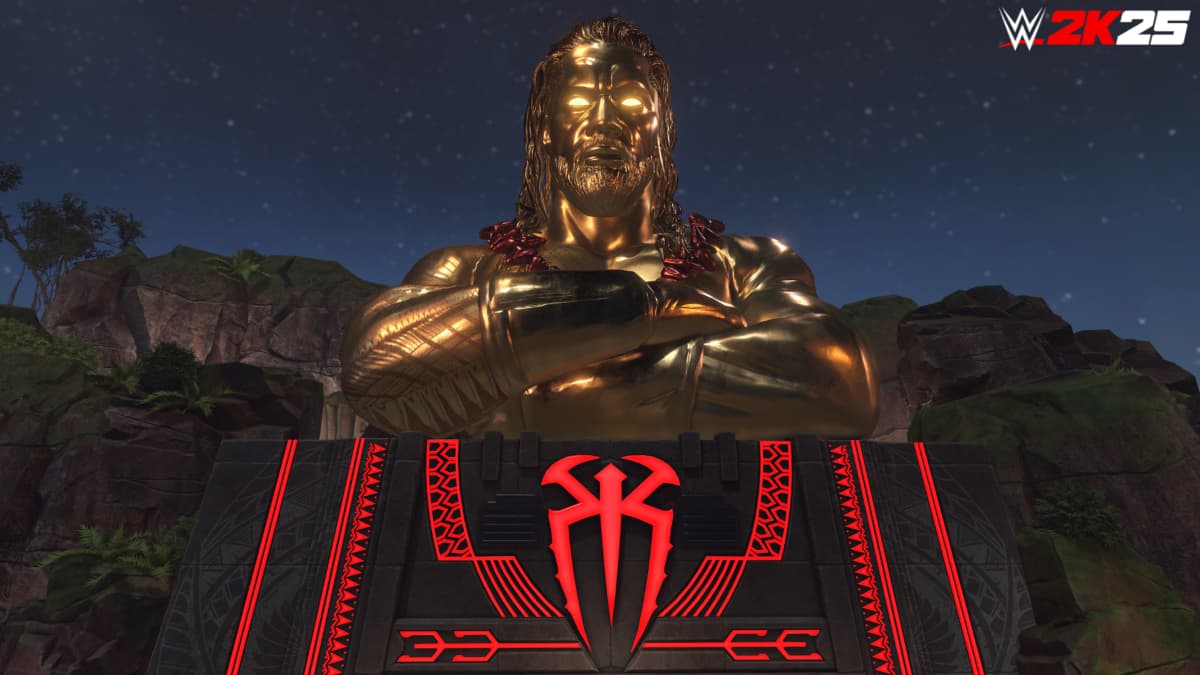 The Island in WWE 2K25 with a gold Roman Reigns statue.