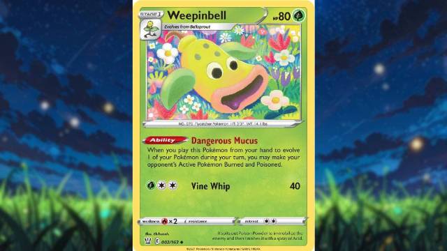 An image of a Weepinbell Pokemon Card, which features the pokemon resting and drooling in a field of flowers.