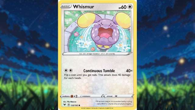 An image of a Whimsaur Pokemon Card, where it is crying and filling up a pond with its tears.