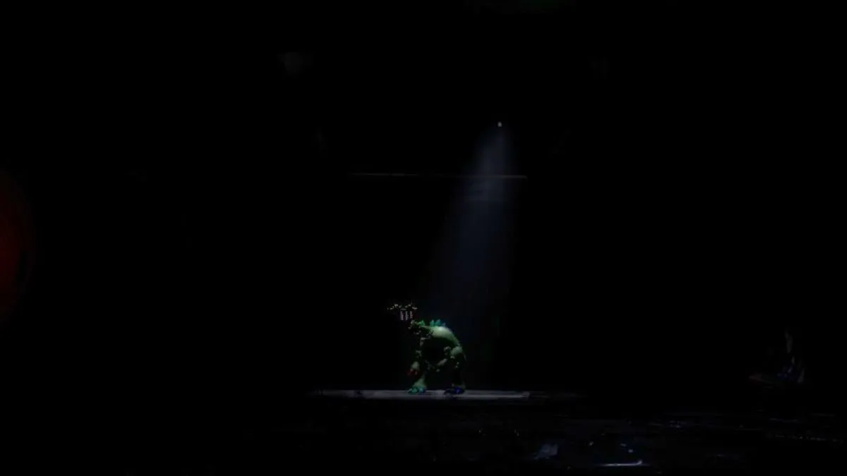 Pianosaurus standing in a dark room with a spotlight on him, looking at The Player from afar