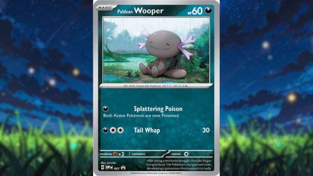 An image from Pokemon of a Wooper Trading Card. This card features Wooper soaking up the rain while resting.