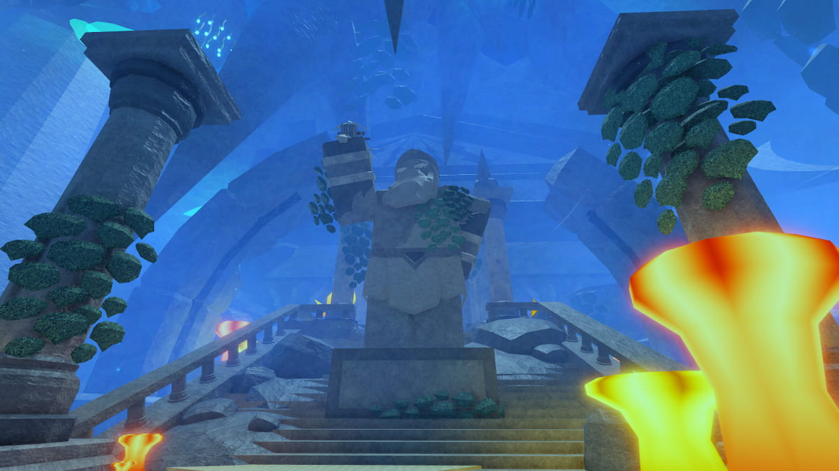 Picture showing the Zeus Statue in front of the trials room in Fisch.